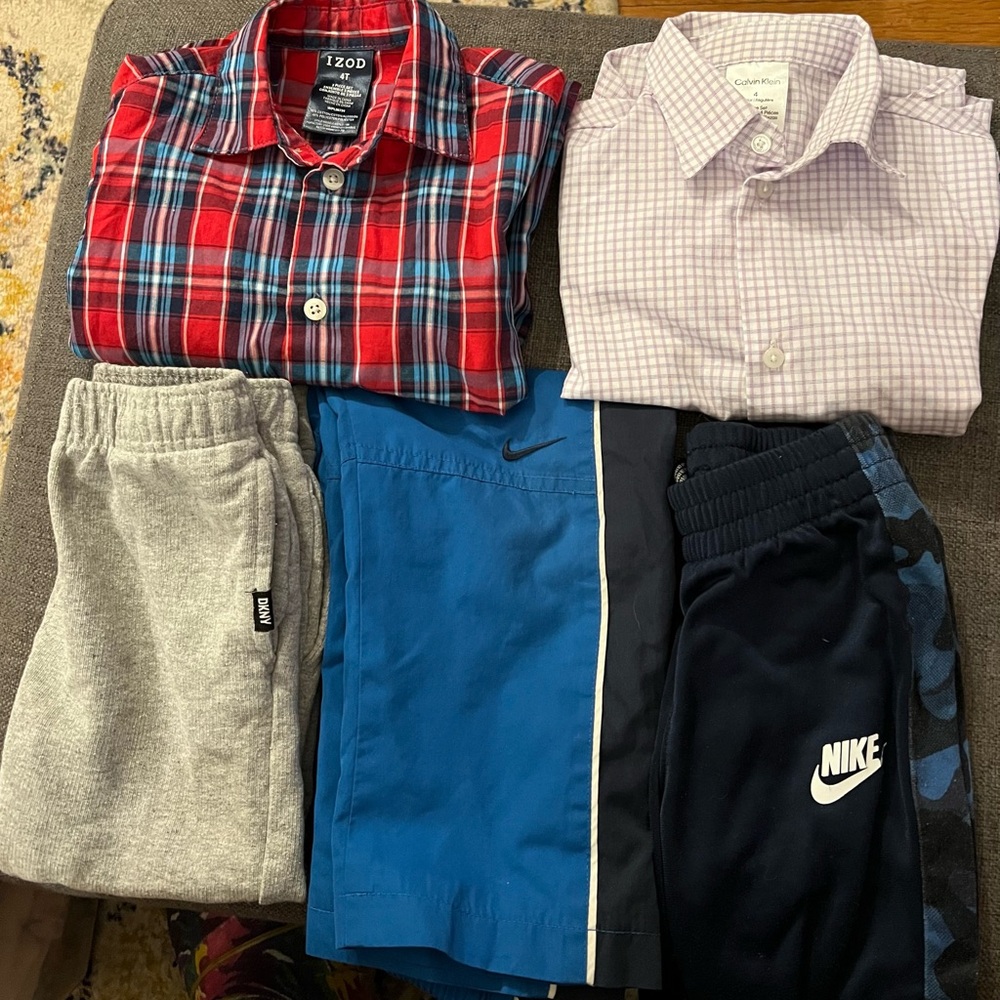 Designer boys 4/4T bundle - 2 button down long sleeve shirts, 3 joggers.